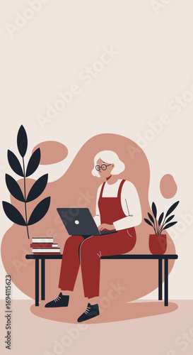 Focused senior woman working remotely on laptop at home, embracing technology and modern lifestyle. Ideal for digital learning, productivity, and an active retirement.