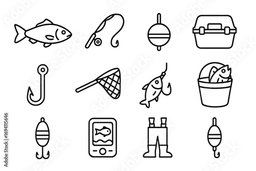 Fishing & angling line icon set. Fisherman equipment & gear symbols. Vector collection with fish, rod, hook, lure, net, tackle box, bobber, waders, fish finder icons.