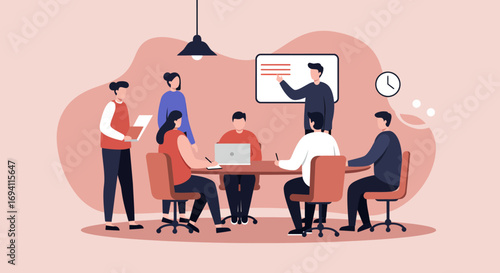 Diverse business team collaborating in a modern meeting room. Professionals discuss strategy, present ideas, and work together, symbolizing teamwork and corporate planning.