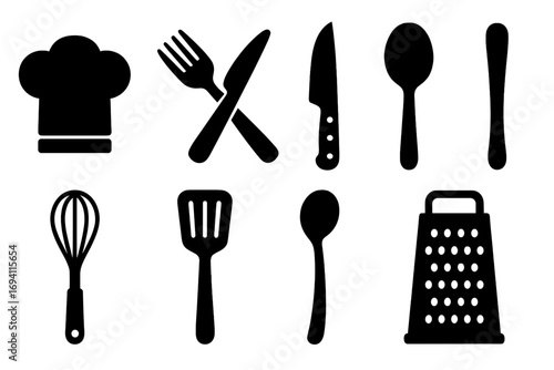 Kitchen utensils icon set. Simple black silhouette collection of culinary tools for cooking. Vector graphic of chef hat, cutlery, knife, fork, spoon, whisk, spatula, grater.