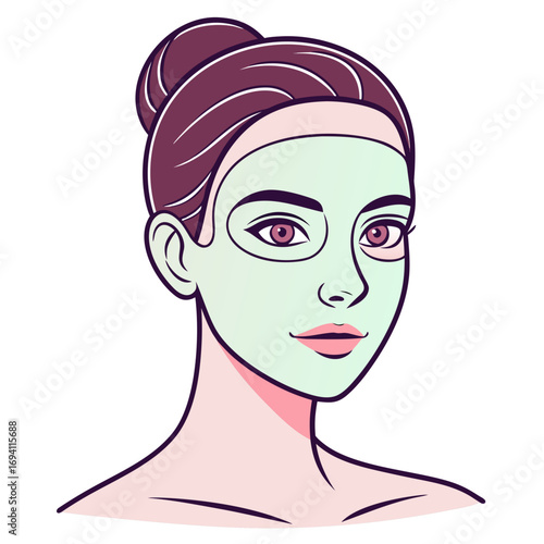 Scalable vector illustration of a young woman applying a facial mask skincare routine beauty white background