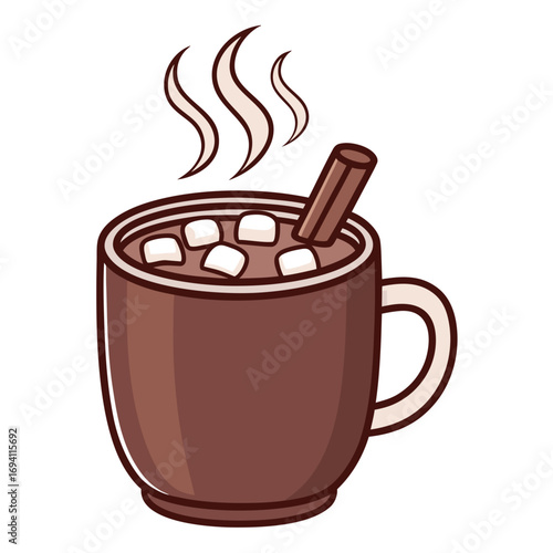 Steaming mug of rich dark hot chocolate with marshmallows and cinnamon stick vector illustration white background