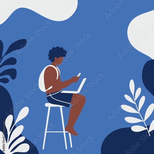 Young man working remotely on a laptop and smartphone, embodying digital nomad lifestyle and modern work-life flexibility. Great for business, travel, and technology themes.