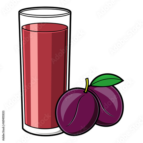 Scalable vector illustration of a tall clear glass filled with rich deep red plum juice and fresh plums white background