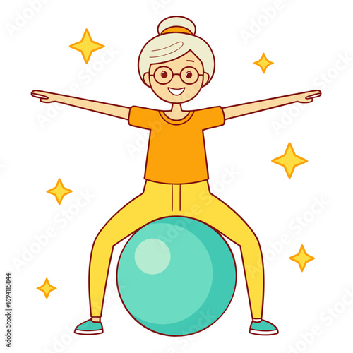 Vibrant cartoon vector illustration of elderly woman exercising on stability ball scalable eps icon white background