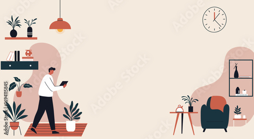 A man uses a tablet in a modern, comfortable home setting, embodying remote work, digital learning, or leisure. Ideal for lifestyle, technology, or business concepts.