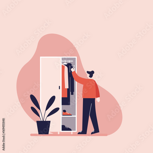 Person choosing clothes from a wardrobe, illustrating daily routine, personal style, and home organization. Concept of getting dressed for lifestyle or fashion.
