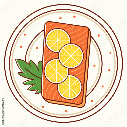 Vibrant hand-drawn vector illustration of a perfectly cooked salmon fillet with lemon slices and parsley white background