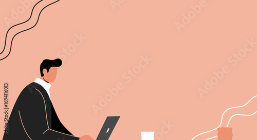 Stylized illustration of a businessman working on his laptop with a drink. Represents remote work, productivity, digital communication, and modern office life.