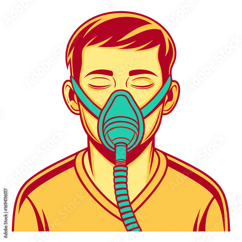 Vector illustration of a young man wearing a turquoise breathing mask with closed eyes scalable eps white background