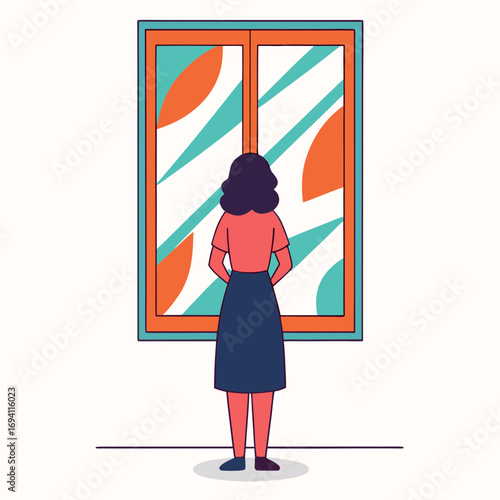 Vector illustration of a woman with dark wavy hair wearing a coral top and blue skirt looking through a window white background