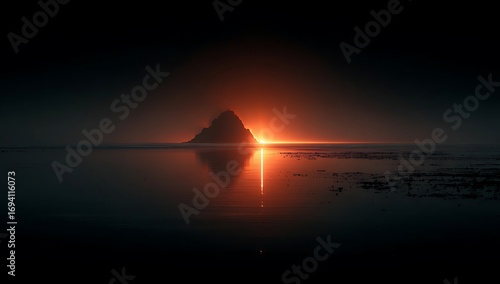 A dark seascape view with a silhouetted island and a bright orange sunset reflecting on water