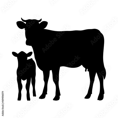 Black silhouette of cow and calf vector illustration farm animal livestock dairy cattle graphic art