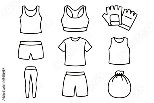 Fitness clothing line icon set. Gym apparel and sportswear linear collection. Vector illustration of sports bra, tank top, shorts, leggings, t-shirt and workout gloves.