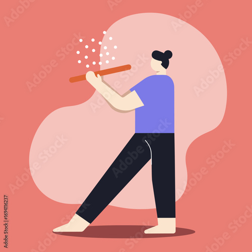 Person conjuring magic with a wand, creating a shower of sparkling particles against a vibrant coral background. Represents creativity, success, and imagination.