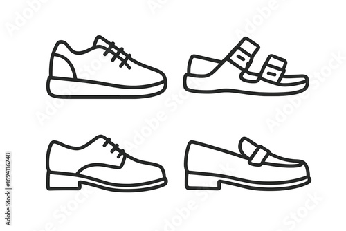 Footwear outline icon set. Line art style collection of shoes, sandals, loafers, and sneakers. Vector illustration for fashion, casual and formal wear. Symbol design.