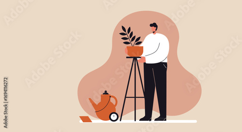 Man caring for a potted plant at home, symbolizing a relaxing hobby, growth, and domestic lifestyle. Ideal for plant care, home decor, or wellness concepts.