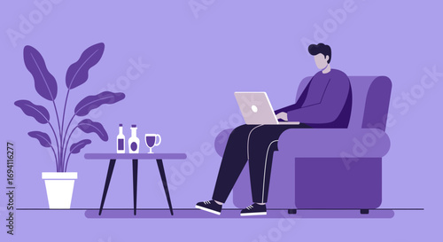 Man working on a laptop from a comfy armchair at home. Represents remote work, online learning, or relaxed digital lifestyle.