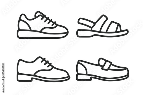 Footwear outline icon set with classic shoes, sandals, loafers, and sneakers. Men and women fashion concept. Simple line art style vector illustration. Isolated symbols.
