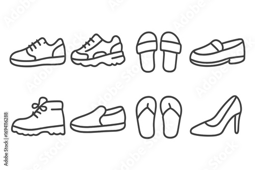 Footwear outline icon set. Shoe collection with sneakers, boots, sandals, heels, loafers and slippers. Vector line art illustration. Minimalist fashion and shoe symbols.