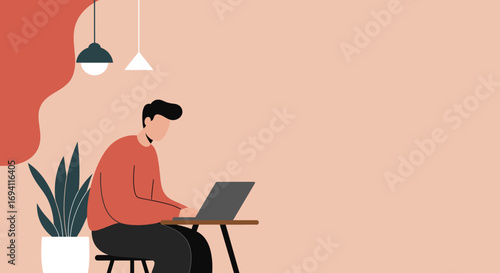 A focused man works diligently on his laptop in a minimalist home office setting. Ideal for themes of remote work, online education, and modern productivity.