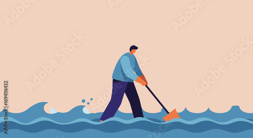 Man using a mop in rising floodwaters, symbolizing crisis management, problem-solving, and overcoming business challenges with resilience and effort.