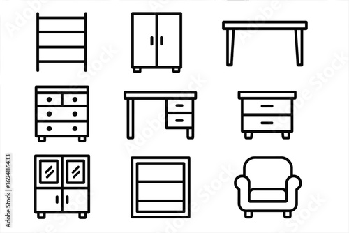 Furniture line icon set. Home and office interior design elements. Vector collection with shelf, table, desk, cabinet, drawer, and armchair symbols. Outline pictogram.