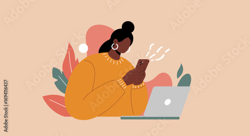 Woman communicating via smartphone while working on a laptop, symbolizing remote work, online connectivity, and modern digital lifestyle.