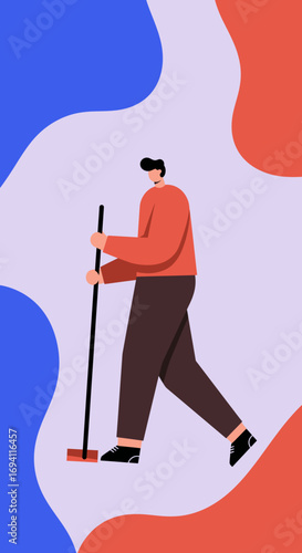 Illustration of a person sweeping with a broom, representing cleaning, home care, and domestic chores. Ideal for lifestyle and service concepts.