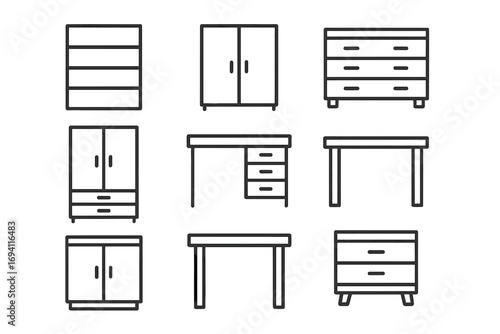 Furniture line icon set. Home and office interior elements. Vector outline symbols for desk, table, shelf, wardrobe, cabinet, dresser, nightstand. Minimalist collection.