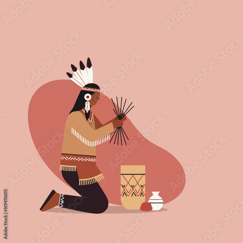 Indigenous person in traditional attire, adorned with a feather headdress, engaging in traditional craft with sticks and pottery. Represents cultural heritage, history, and ancient skills.