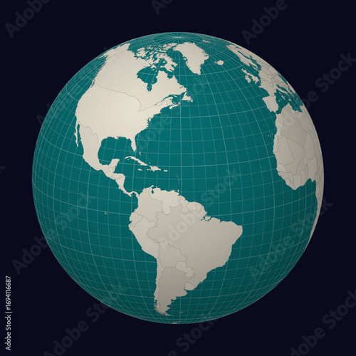 Dominica on the map. Globe centered to Dominica. Country location on the world map. Teal Pale Mint color palette. Globe with countries, meridians and parallels. Elegant vector illustration.