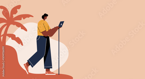 Person walking with a laptop in a tropical setting, embodying remote work and a digital nomad lifestyle. Perfect for themes of flexibility, travel, and modern business.