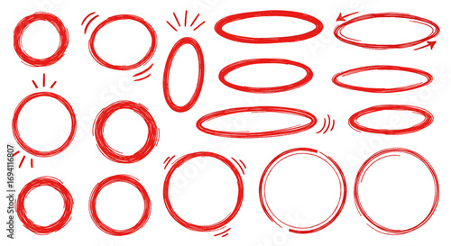 A collection of hand-drawn red circles and ovals, sketchy marker frames for highlighting and emphasis, isolated on a white background.