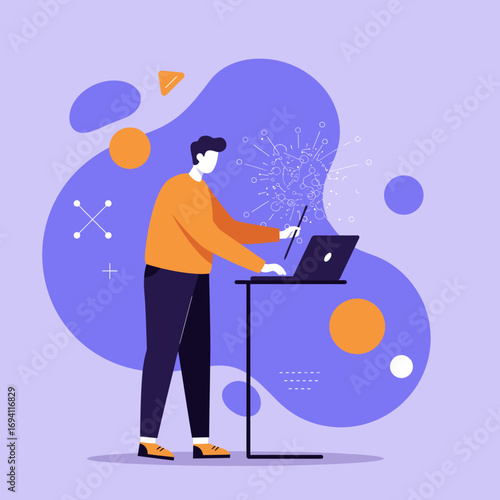 A man works on a laptop, using a stylus to interact with data visualizations. Represents technology, remote work, data analysis, or creative innovation.