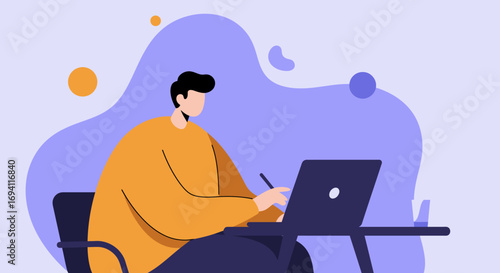 A focused man works diligently on his laptop, embodying remote work, online learning, or creative design. Concepts: productivity, technology, business, education, lifestyle.