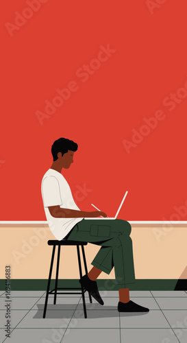 Young man focused on his laptop with a stylus, illustrating modern digital work or creative freelancing in a vibrant, minimalist space. Perfect for business, tech, or lifestyle content.