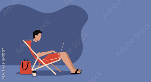 A young man works on his laptop sitting on a beach chair in a relaxed pose, showcasing the flexibility of remote work and a modern lifestyle.
