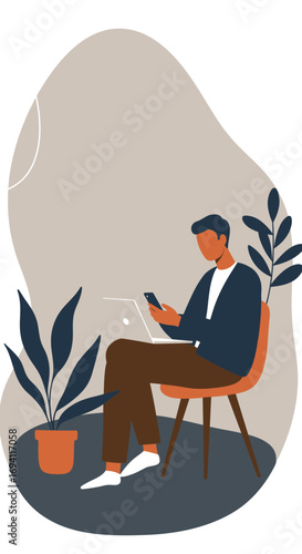 Man working remotely on a laptop and smartphone from home, showcasing flexible modern work-life balance and digital connectivity. Ideal for business, freelance, and lifestyle concepts.