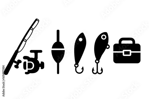 Fishing gear icons set with rod, reel, float, lure, and tackle box. Black silhouette vector illustration for sport fishing hobby. Angling equipment collection isolated.