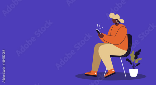 A person sits on a chair looking at their smartphone, with a plant beside them, against a solid purple background, illustrating modern communication.