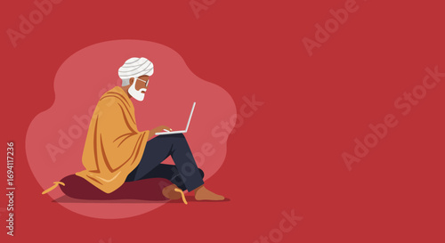 Elderly man in traditional attire sitting comfortably with a laptop, embracing technology for communication and modern living. Digital inclusion for seniors, global connection.
