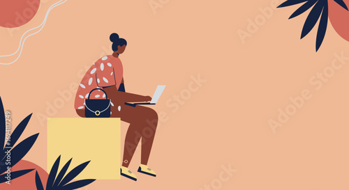 Woman using a laptop, casually working or studying outdoors. Represents remote work, modern lifestyle, and digital connectivity. Suitable for business and technology themes.