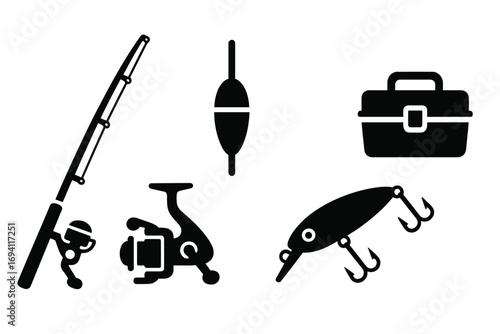 Fishing gear icon set. Vector collection of fishing equipment silhouettes. Rod, reel, float, lure, bait, and tackle box symbols for sport fishing or hobby design elements. Angling.