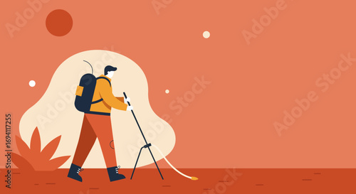 Adventurous person hiking with trekking poles through a minimalist, warm-toned desert landscape. Represents exploration, healthy living, and outdoor recreation.