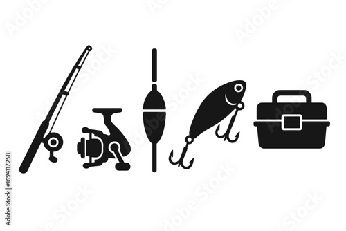 Fishing equipment icons set in black silhouette. Includes fishing rod, reel, bobber float, fish lure with hooks, and tackle box. Vector graphic for sport fishing or hobby.