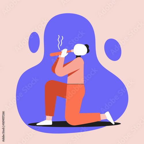 Modern illustration of a person kneeling and smoking a pipe, symbolizing relaxation, contemplation, or a personal habit.