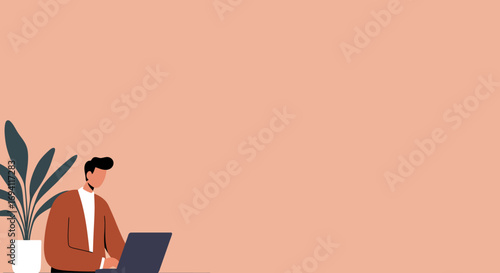 Young man in a modern workspace, focused on working on his laptop. Ideal for themes of business, remote work, technology, and productivity.