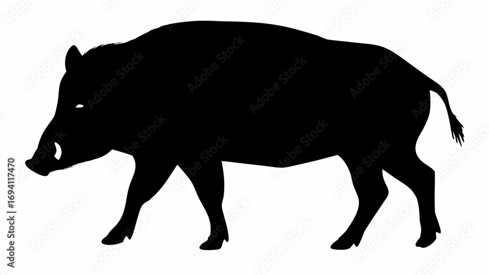 Fototapeta premium Silhouette of a wild boar walking with visible tusks and a short tail on a white background image view