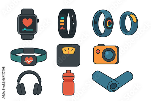 Flat fitness icons set with wearables, trackers, and accessories. Vector cartoon illustration. Smartwatch, heart rate monitor, scale, yoga mat. Healthy lifestyle concept.